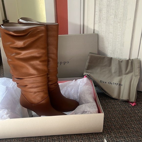 DEE OCLEPPO LEATHER SLOUGHY KNEE HIGH BLOCK HEEL BOOTS TAN SZ 8.5 NEW - Picture 5 of 11